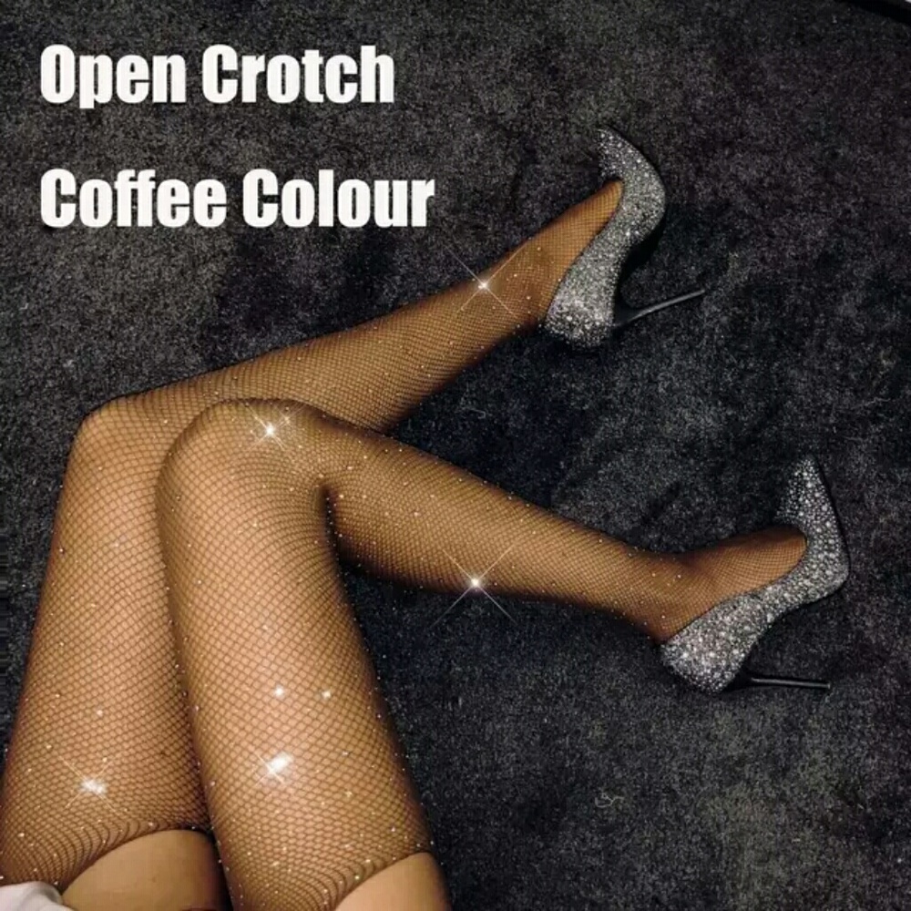 NEW COFFEE CROTCHLESS CRYSTAL FISHNETS